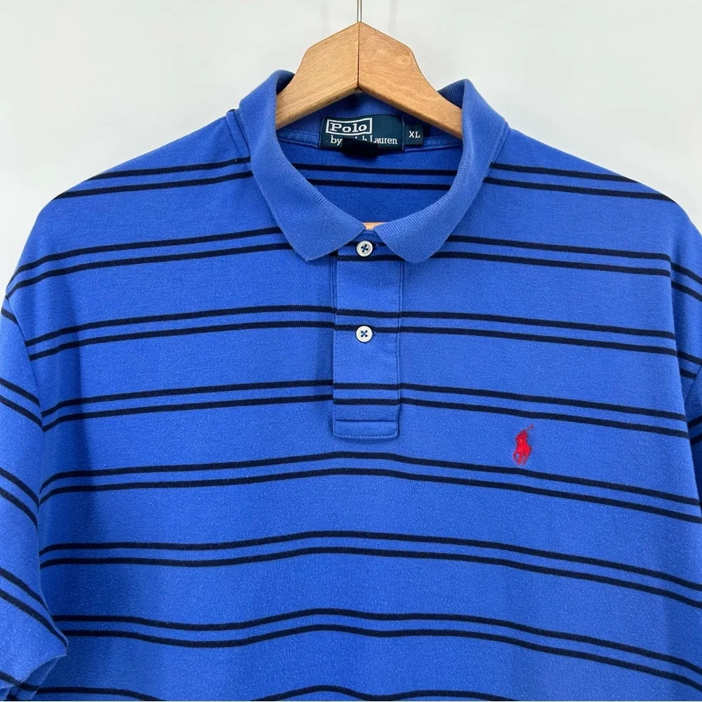 Polo Ralph Lauren Mens XL Blue Short‎ Sleeve Black Stripes Red Pony Polo Shirt